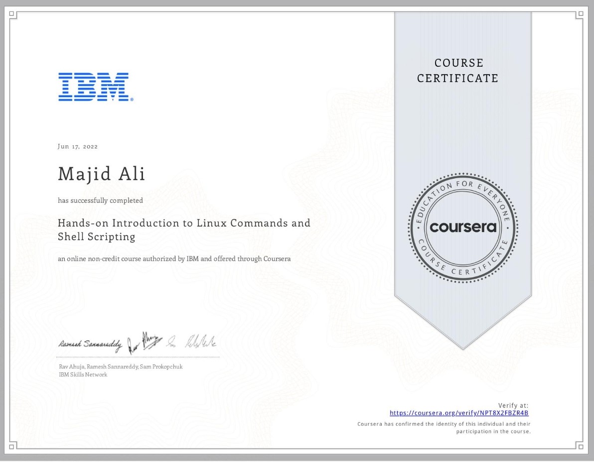 Certificate of Shell Scripting