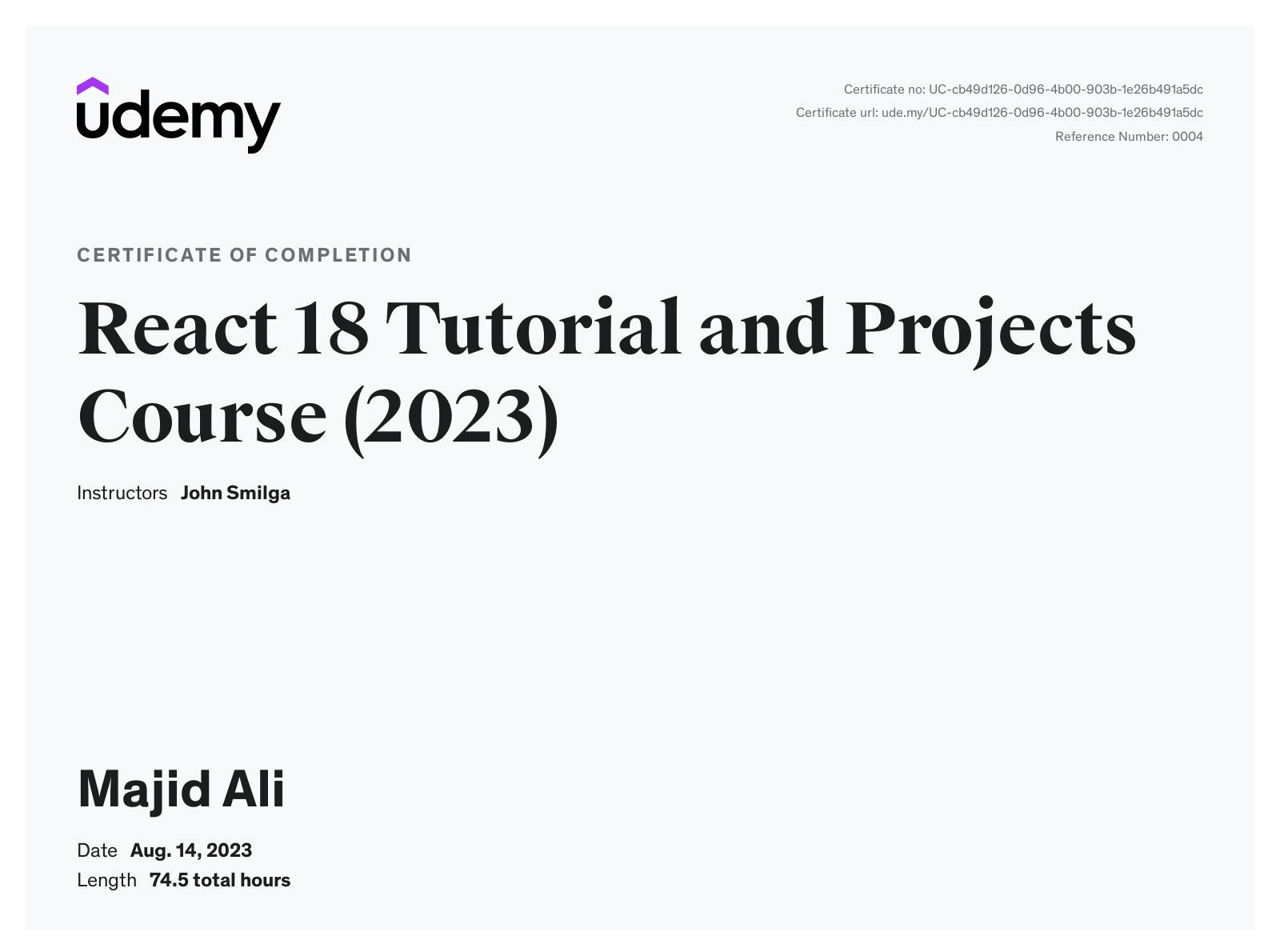 Certificate of React js